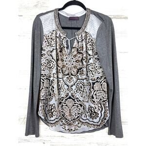 Hale Bob Women’s L Gray Hand Beaded Silk Velour Long Sleeve Boho Blouse Designer